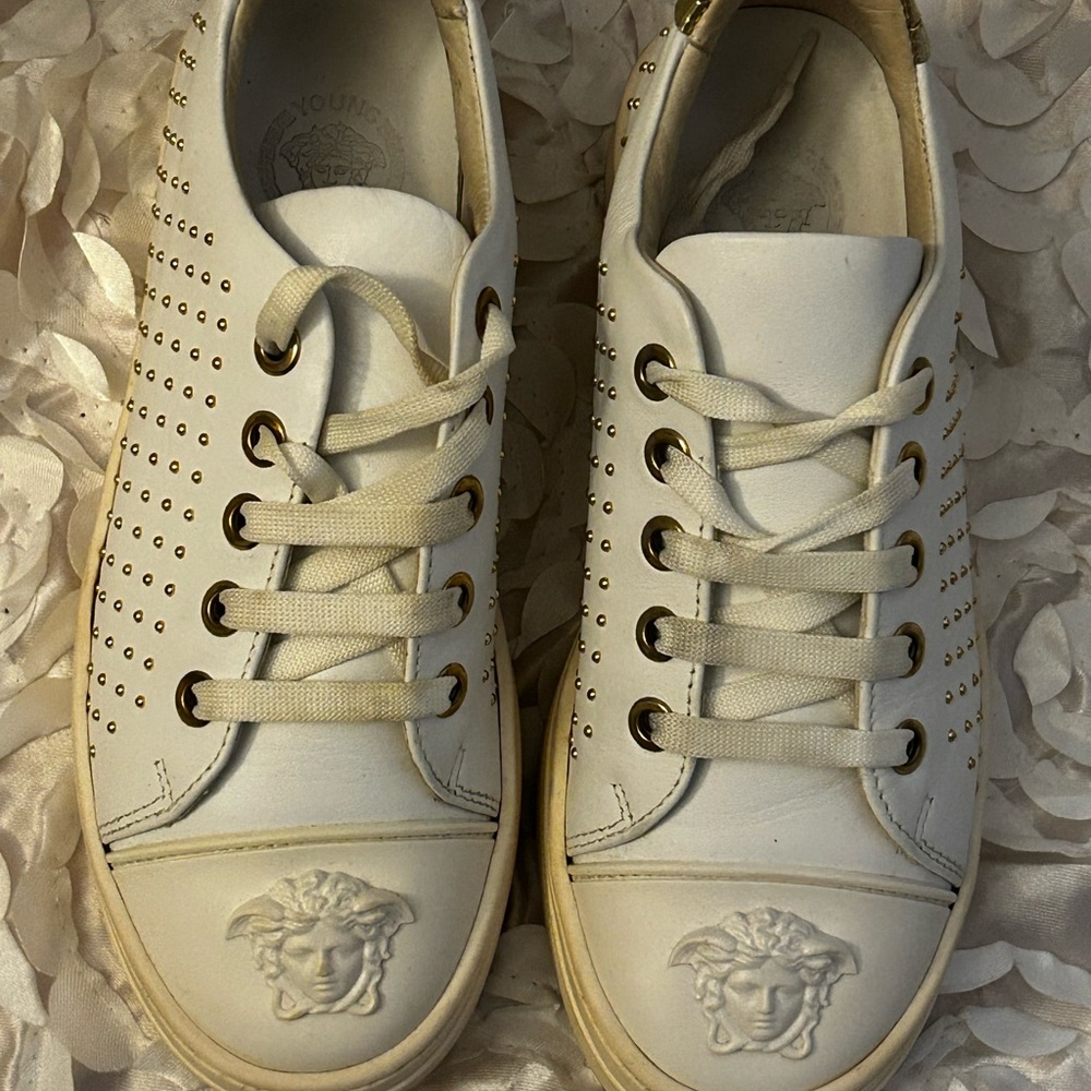 Versace White and Gold Studded Sneakers